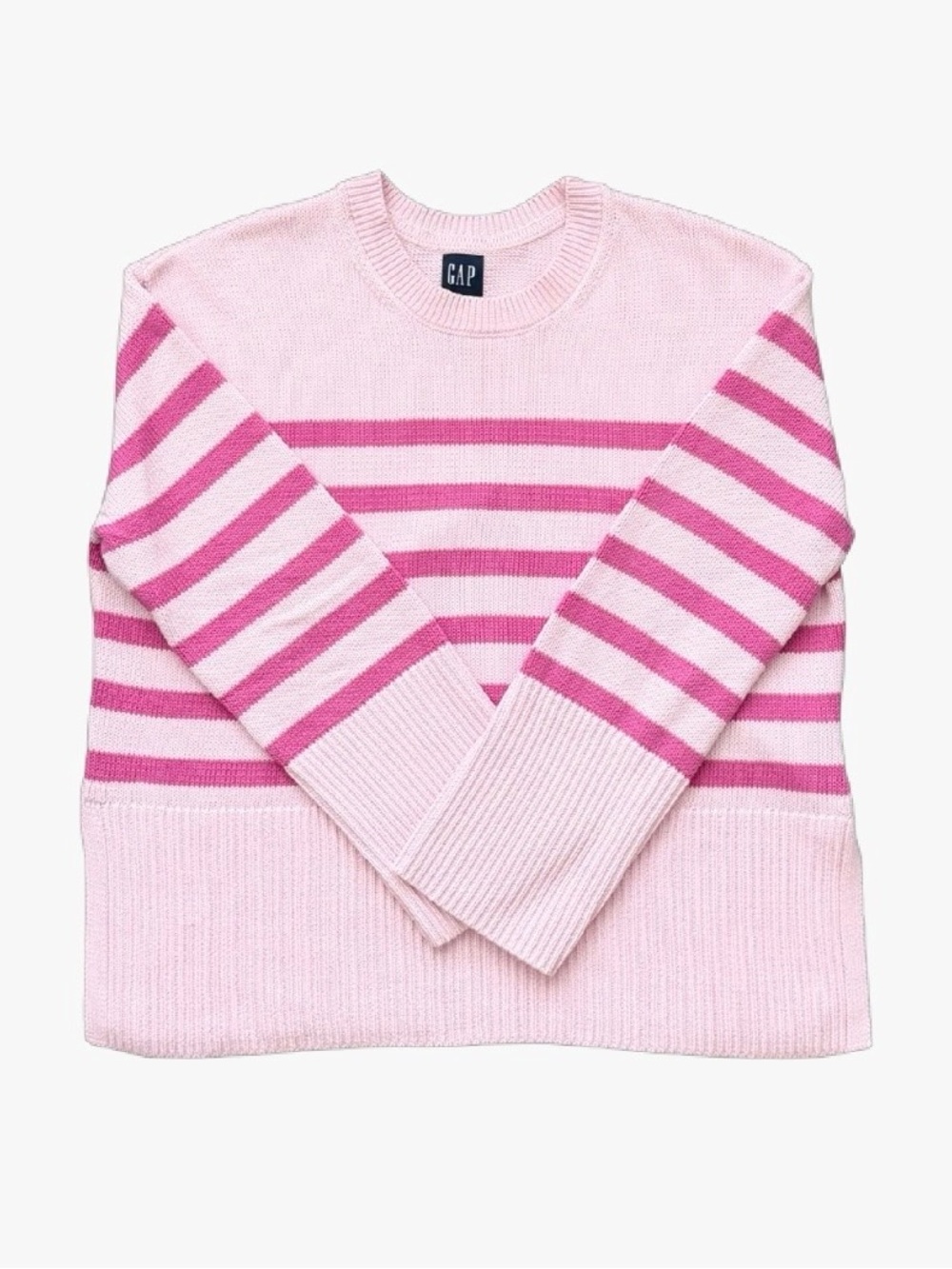 GAP Pink Striped Crewneck Sweater with Side Slits